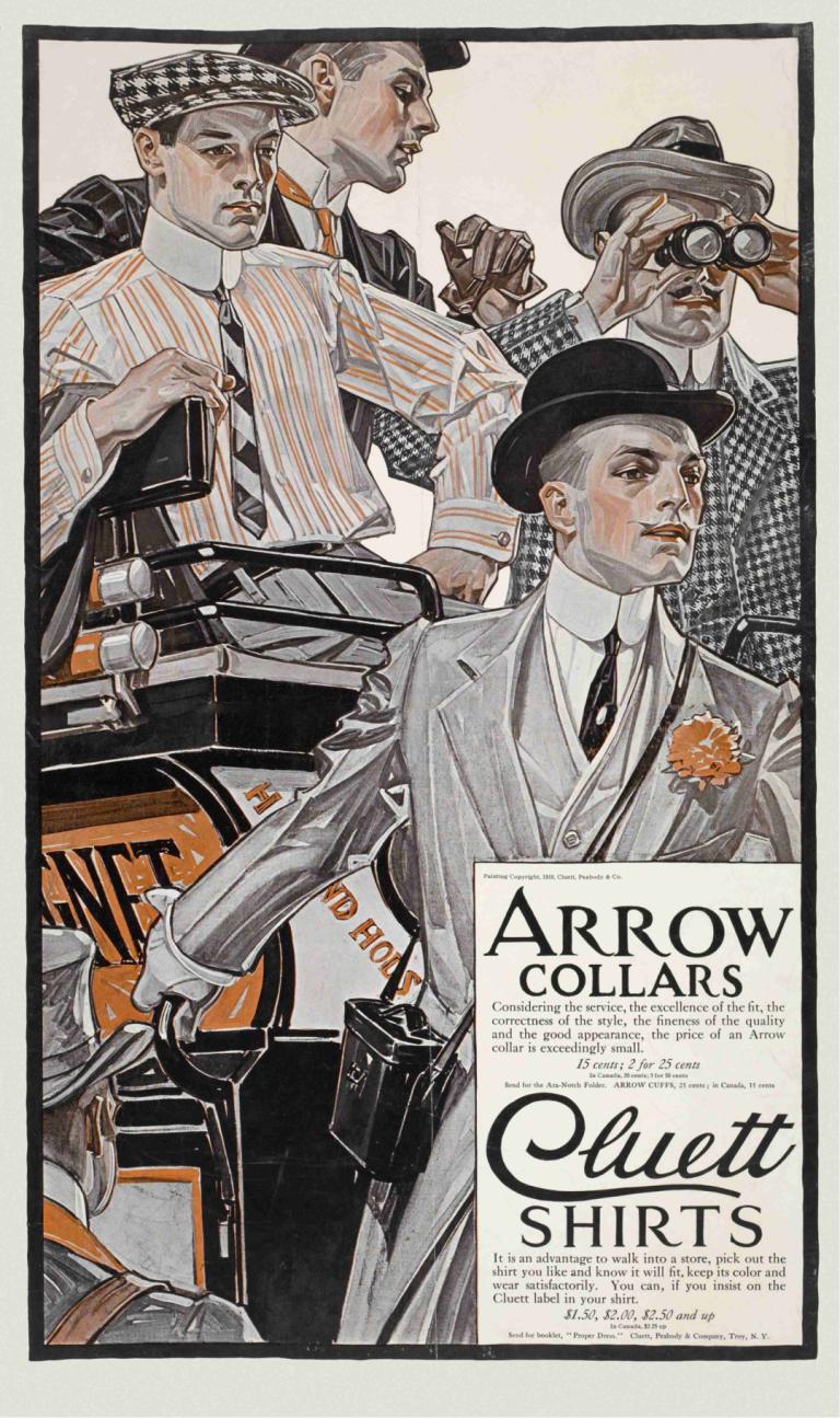 Arrow collars. Cluett shirts,J.C. Leyendecker,Illustration,Illustration, hat, multiple boys, necktie, formal