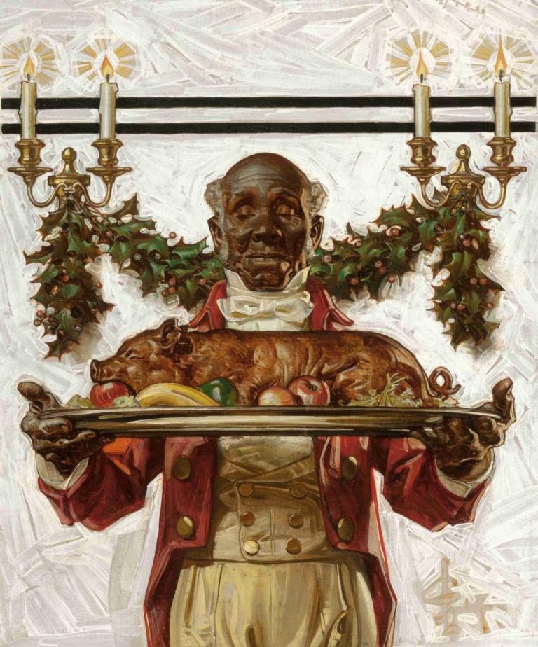 Christmas Dinner,J.C. Leyendecker,Illustration,Illustration, dark skin, 1boy, food, male focus, solo