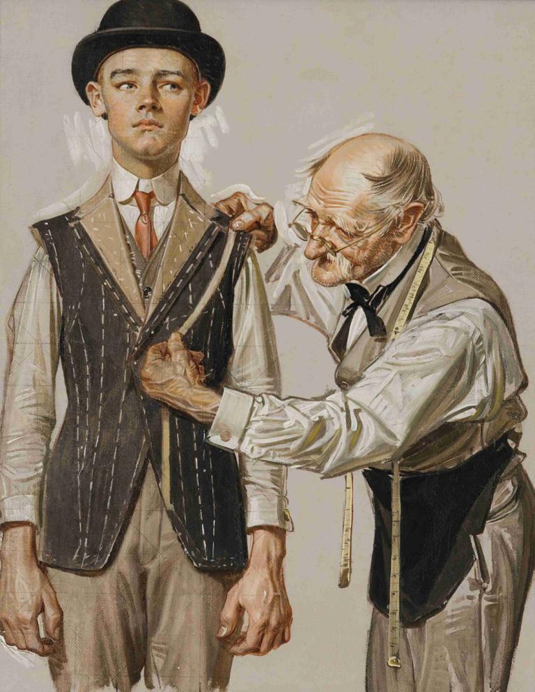 Fitted for a Suit,J.C. Leyendecker,Illustration,Illustration, old, old man, multiple boys, necktie, 2boys