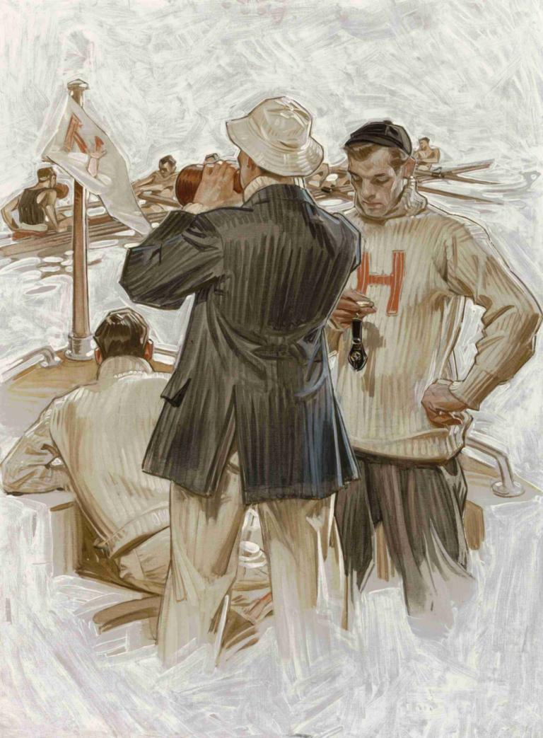 Harvard Crew Team,J.C. Leyendecker,Illustration,Illustration, multiple boys, hat, male focus, facial hair