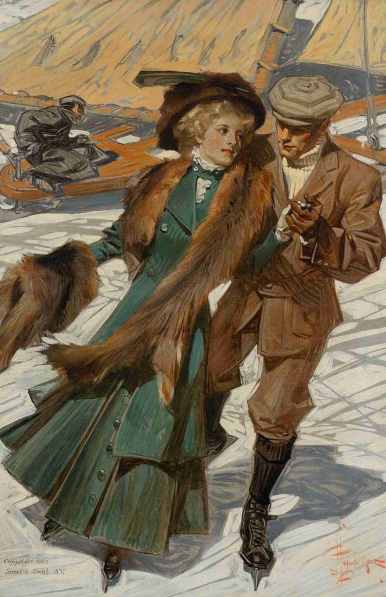 Ice Skaters,Patinatori pe gheață,J.C. Leyendecker,Ilustrație,Ilustrație, 1 fata, pălărie, rochie, păr blond