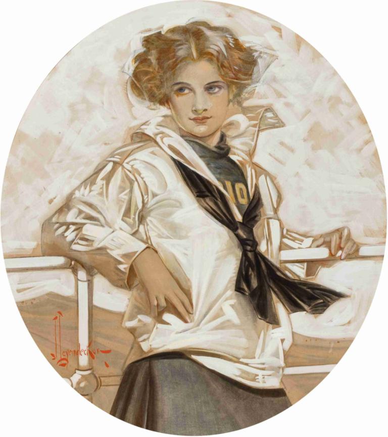 Lucky Bag Girl,J.C. Leyendecker,Illustration,Illustration, 1girl, solo, railing, skirt, short hair