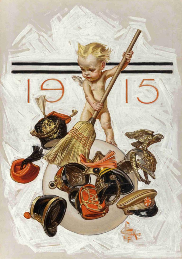 New Year's Baby (Cleaning Up),Nieuwjaarsbaby (Opruimen),J.C. Leyendecker,Illustratie,Illustratie, bezem