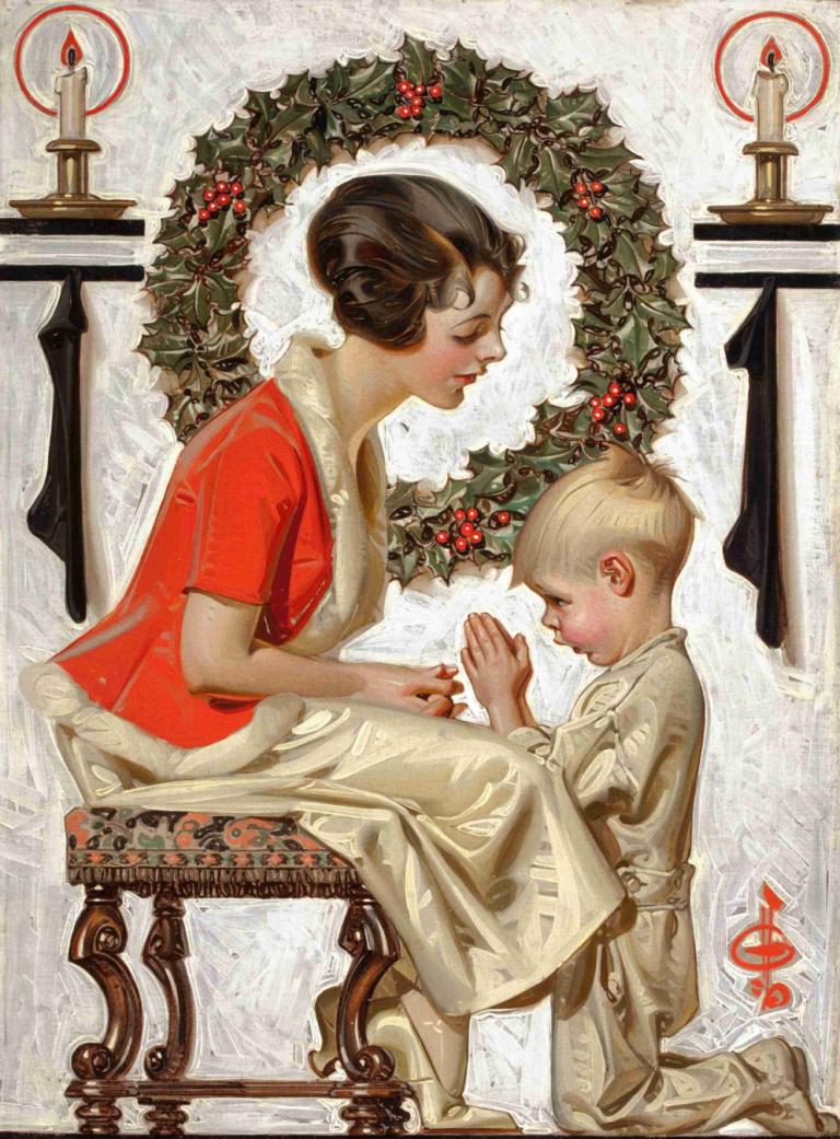 Saturday Evening Post cover,J.C. Leyendecker,Illustration,Illustration, 1girl, 1boy, candle, christmas