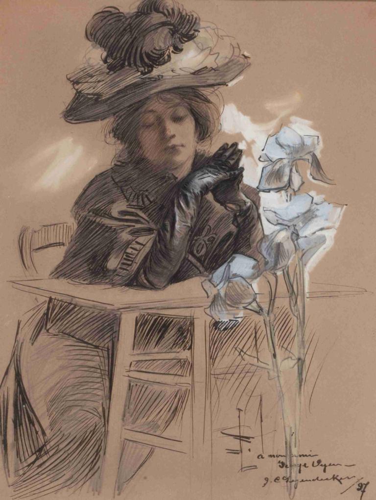 Seated Lady with Elegant Hat,Sittande dam med elegant hatt,J.C. Leyendecker,Illustration,Illustration, 1 tjej