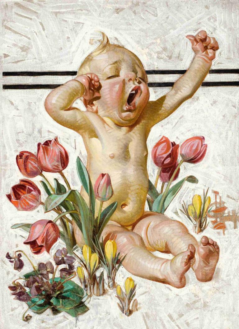 Spring Has Sprung,J.C. Leyendecker,Illustration,Illustration, flower, solo, yawning, open mouth, male focus