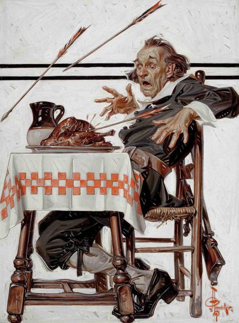 Startled Pilgrim,놀란 순례자,J.C. Leyendecker,J.C. 레이엔데커,일러스트레이션,일러스트레이션, 독주, 화살(발사체), 1남, 남성 집중, 의자, 음식, 무기, 서명