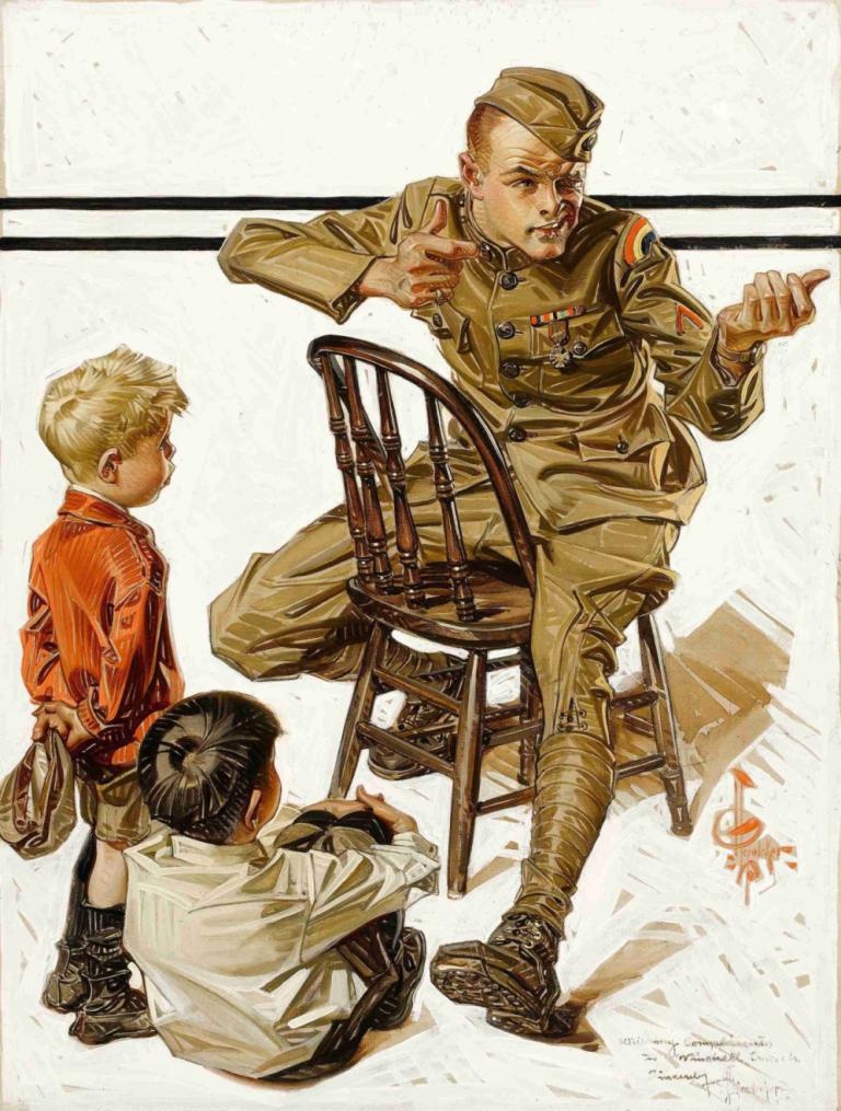 The Hero's War Story,Военная история героя,J.C. Leyendecker,Иллюстрация,Иллюстрация, несколько мальчиков