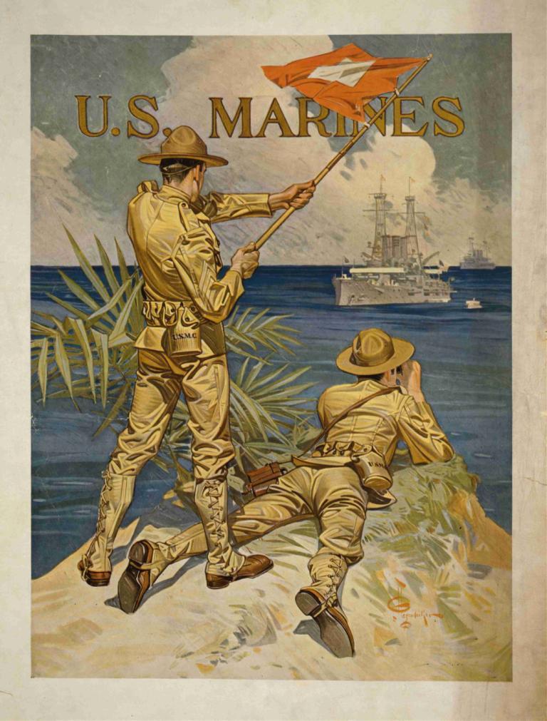 U.S. Marines,미국 해병대,J.C. Leyendecker,J.C. 레이엔데커,일러스트레이션,일러스트레이션, 선박, 모자, 총, 여러 소년, 무기, 대양, 배, 2boys, 남성 집중