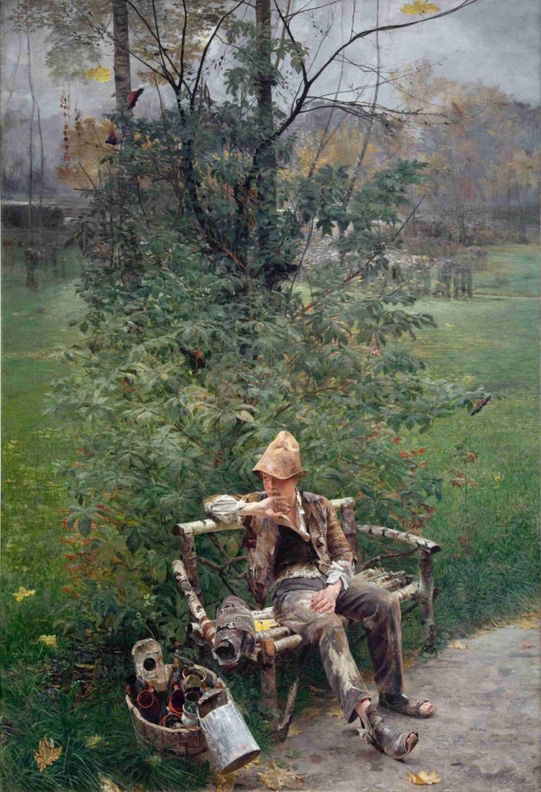 A Painter's Apprentice,Jacek Malczewski,Oil Painting,Oil Painting, outdoors, bug, 1boy, hat, sitting, tree