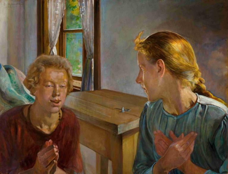 Annunciation,Jacek Malczewski,Oil Painting,Oil Painting, blonde hair, indoors, fine art parody, window, braid