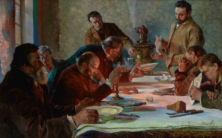 Christmas Eve in Siberia,Jacek Malczewski,Oil Painting,Oil Painting, multiple boys, table, realistic