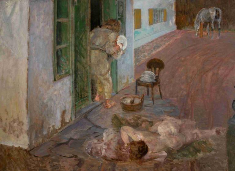 Dish washing. Wielgie,Abwaschen. Wielgie,Jacek Malczewski,Ölgemälde,Ölgemälde, Kunstparodie, barfuß, drinnen