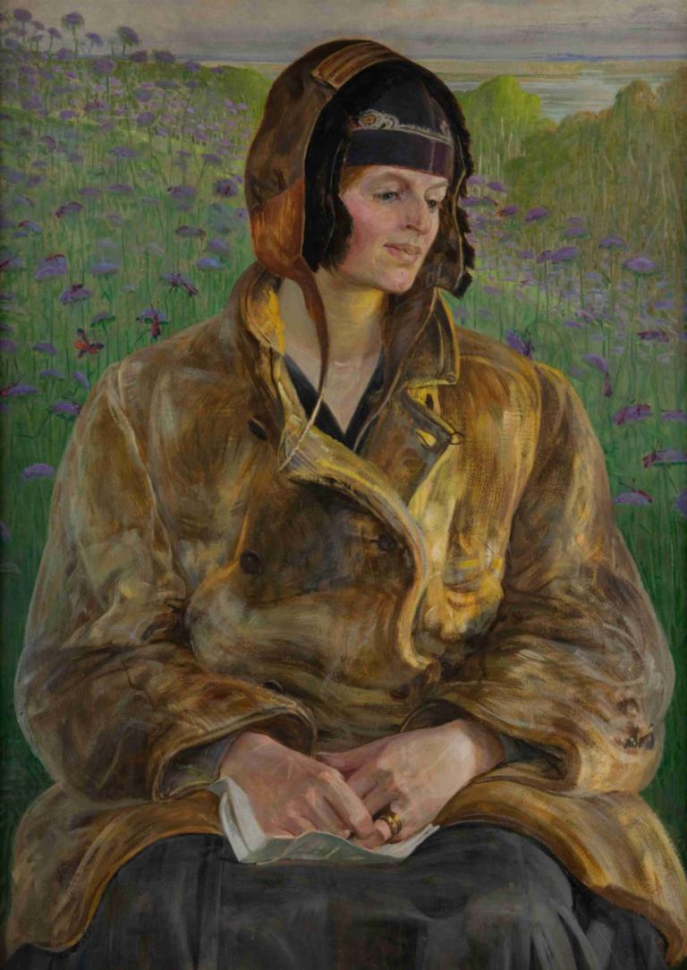 Ellenai,Jacek Malczewski,Oil Painting,Oil Painting, solo, jewelry, sitting, ring, outdoors, grass, field