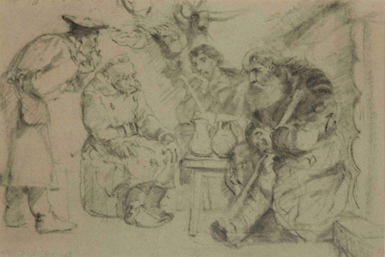 Exiles during a meal,Exilanten bei einer Mahlzeit,Jacek Malczewski,Kupferstich,Kupferstich, mehrere Jungen