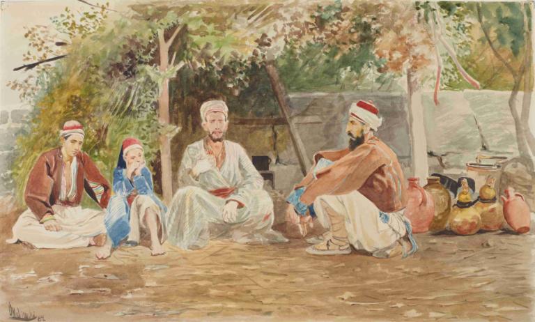 Genre scene from Asia Minor,Jacek Malczewski,Oil Painting,Oil Painting, multiple boys, old, sitting, old man