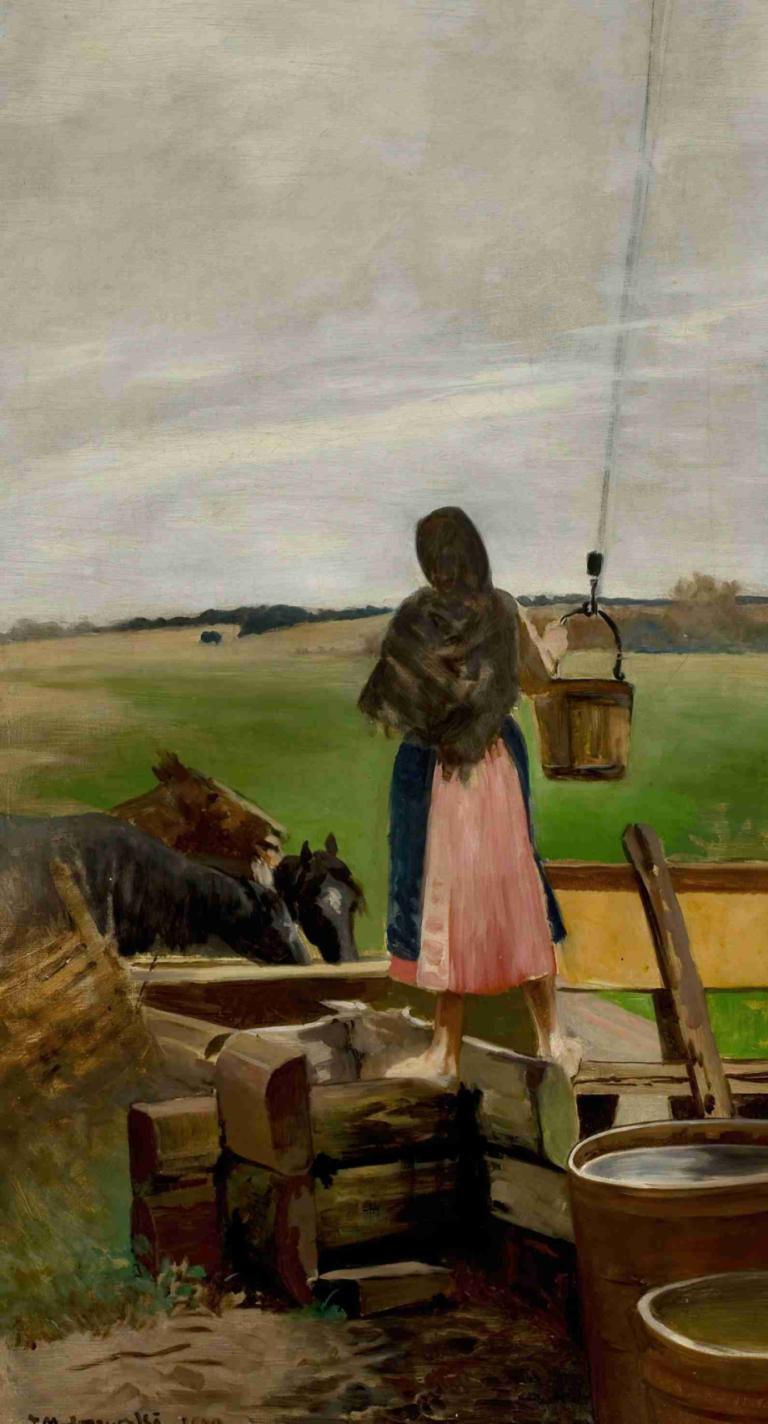 Girl at a water well,井戸の少女,Jacek Malczewski,ヤチェク・マルチェフスキ,油絵,油絵, 1女の子, 屋外, 長い髪, 草, ドレス, 犬, 雲, ソロ, 立っている, 空