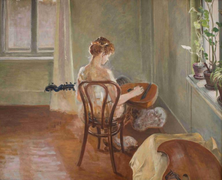 Interior with the Chimera Playing the Guitar,Jacek Malczewski,Oil Painting,Oil Painting, instrument, plant