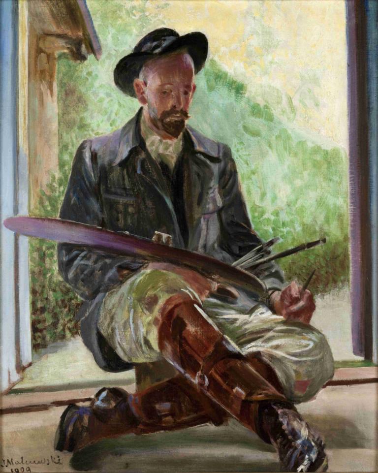 My Models – Triptych (Central Part),Jacek Malczewski,Oil Painting,Oil Painting, 1boy, male focus, hat, solo