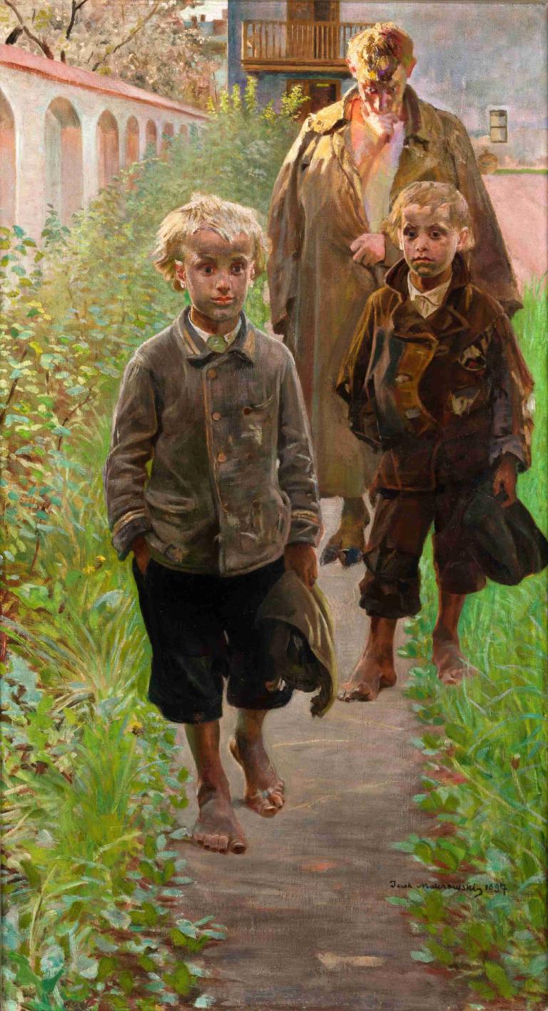 My Models,Jacek Malczewski,Oil Painting,Oil Painting, multiple boys, barefoot, outdoors, holding clothes