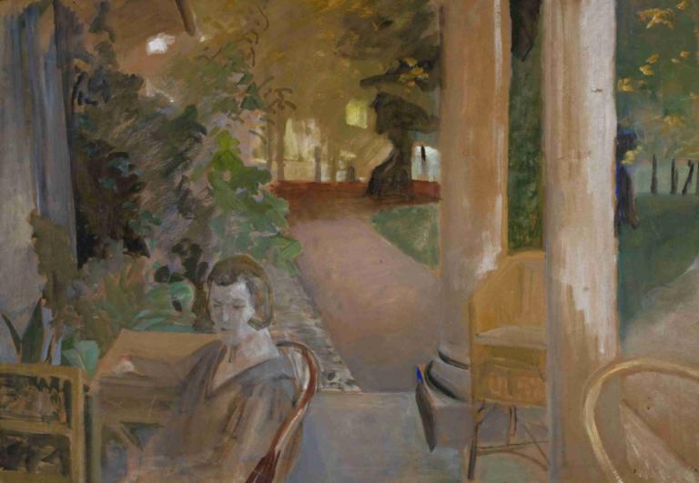 On the veranda,베란다에서,Jacek Malczewski,야첵 말체프스키,오일 페인팅,오일 페인팅, 1남, 남성 집중, 나무, 의자, 독주, 갈색 머리, 좌석