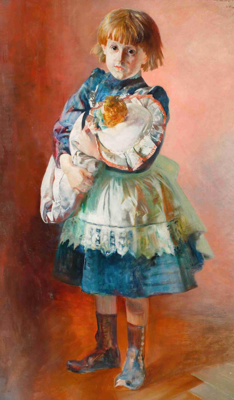 Portrait of Julia, artist's daughter, with a doll,藝術家的女兒朱莉婭的肖像，帶著一個洋娃娃,Jacek Malczewski,雅切克·馬爾切夫斯基,油畫,油畫