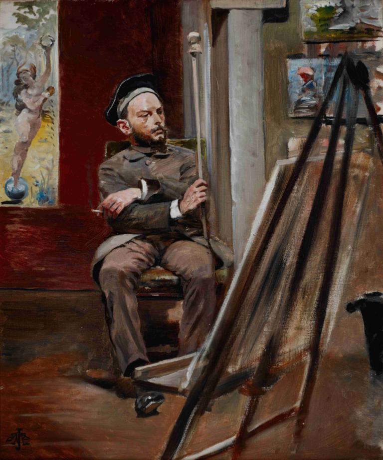 Portrait of Stanisław Tondos,Stanisław tondos的肖像,Jacek Malczewski,雅切克·馬爾切夫斯基,油畫,油畫, 1男孩, 男性焦點, 坐著, 帽子, 鬍子