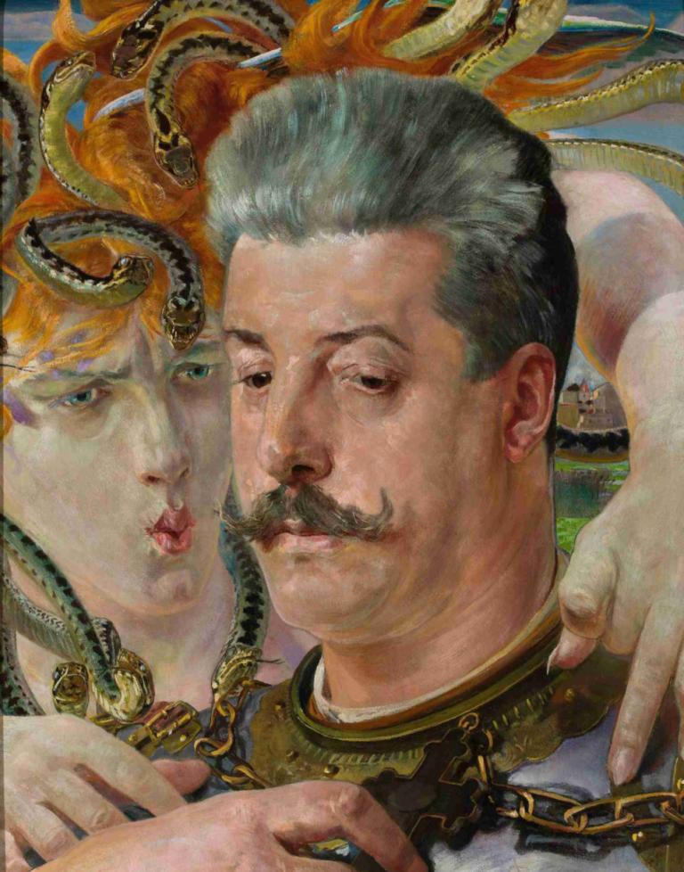 Portrait of Tadeusz Błotnicki with medusa,Jacek Malczewski,Oil Painting,Oil Painting, facial hair, realistic