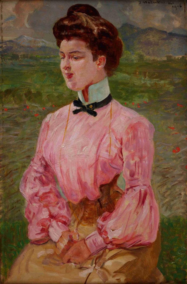 Portrait of a Young Lady,若い女性の肖像,Jacek Malczewski,ヤチェク・マルチェフスキ,油絵,油絵, 1女の子, ソロ, 茶髪, ピンクのシャツ, スカート, 長袖, シャツ