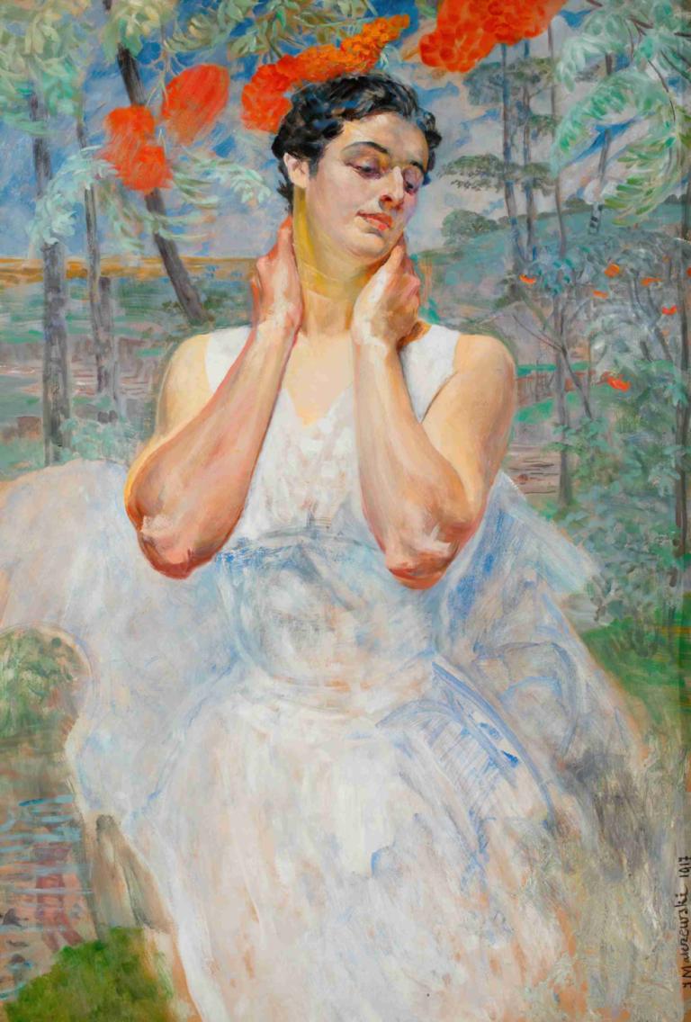 Portrait of a woman with rowanberry,ローワンベリーと女性の肖像,Jacek Malczewski,ヤチェク・マルチェフスキ,油絵,油絵, 1女の子, ソロ, ドレス, 黒髪