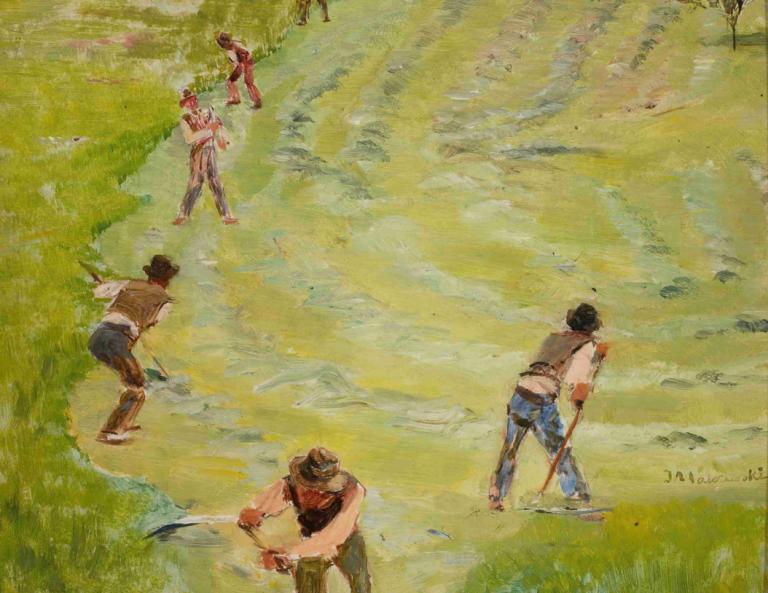 Reapers,Jacek Malczewski,Oil Painting,Oil Painting, multiple boys, grass, black hair, painting (medium)