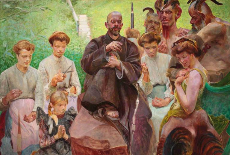 Saint Francis,Jacek Malczewski,Oil Painting,Oil Painting, multiple boys, fine art parody, realistic, beard