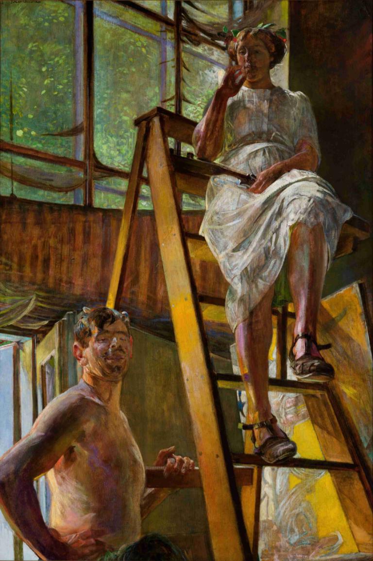 Satyr and a Model,Jacek Malczewski,Oil Painting,Oil Painting, dress, sitting, 1girl, 1boy, fine art parody