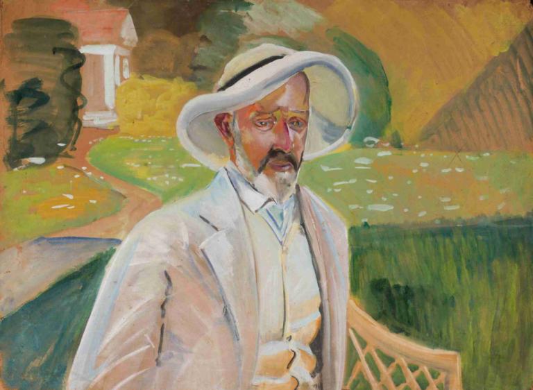 Self-portrait,Självporträtt,Jacek Malczewski,Tempera,Tempera, 1 pojke, manligt fokus, hatt, solo, ansiktshår