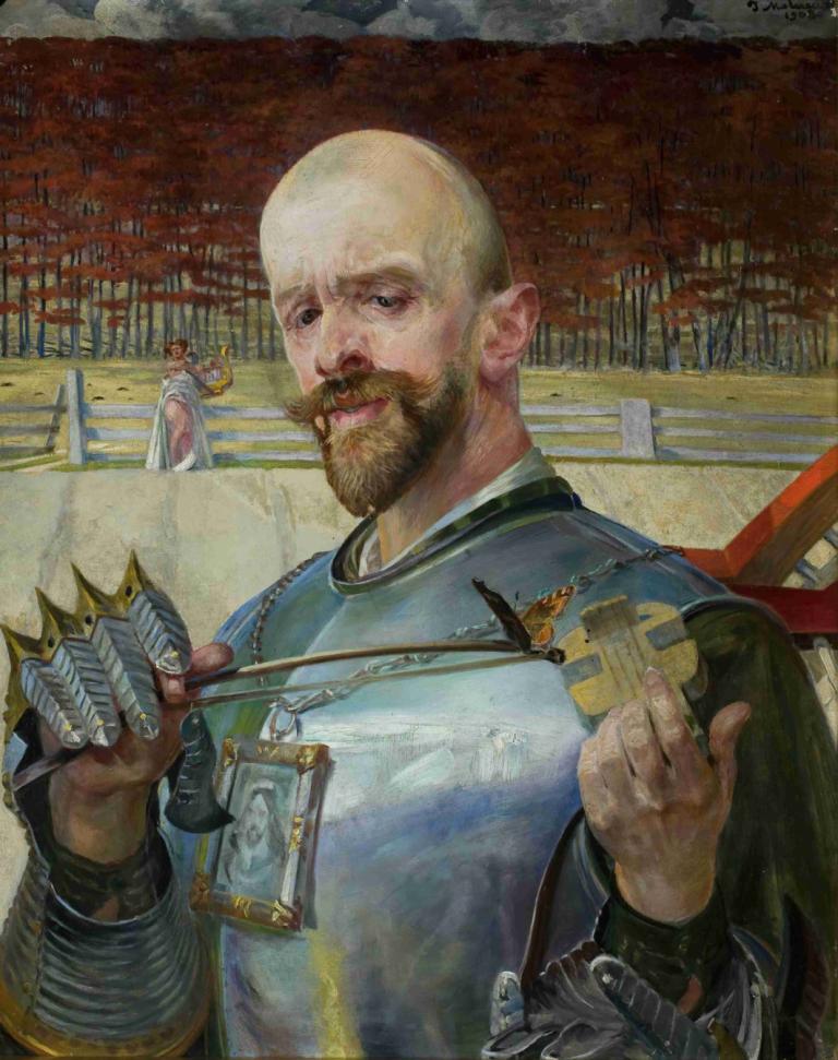 Self-portrait in armour with fiddles,Självporträtt i rustning med fioler,Jacek Malczewski,Oljemålning