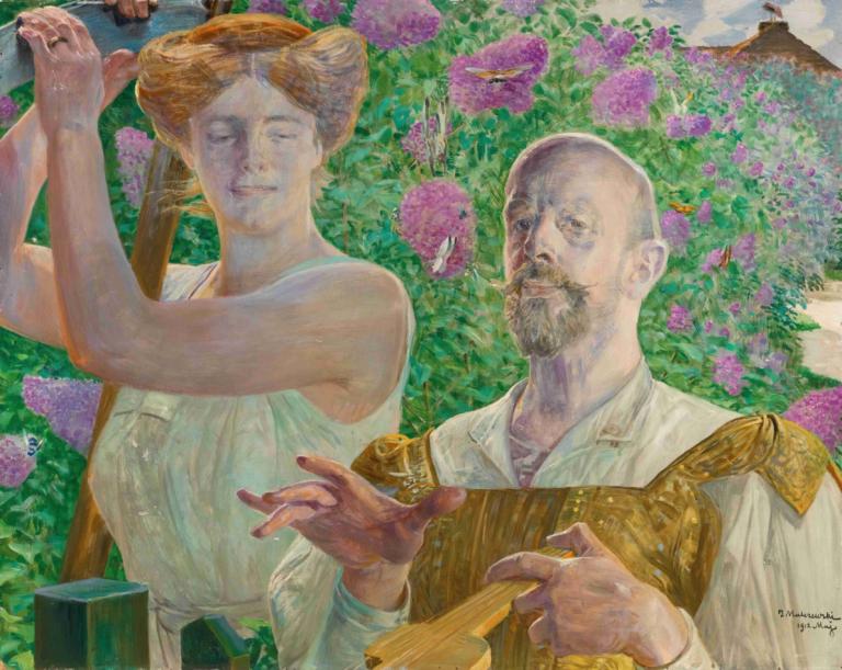 Self-portrait with muse and buddleia,与缪斯和荆条的自画像,Jacek Malczewski,雅切克-马尔切夫斯基,油画,油画, 花, 老的, 1男孩, 1个女孩, 胡子, 裙子