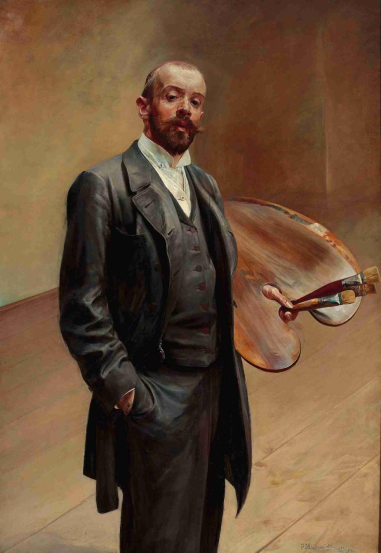 Self-portrait with palette,调色板自画像,Jacek Malczewski,雅切克-马尔切夫斯基,油画,油画, 1男孩, 男性焦点, 独奏, 胡子, 实际的, 背心, 衬衫, 胡须, 黑裤子