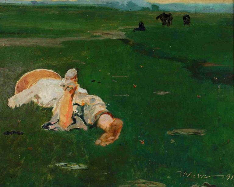 Shepherd girl in a meadow,草地上的牧羊女,Jacek Malczewski,雅切克-马尔切夫斯基,油画,油画, 草, 户外, 传统媒体, 1个女孩