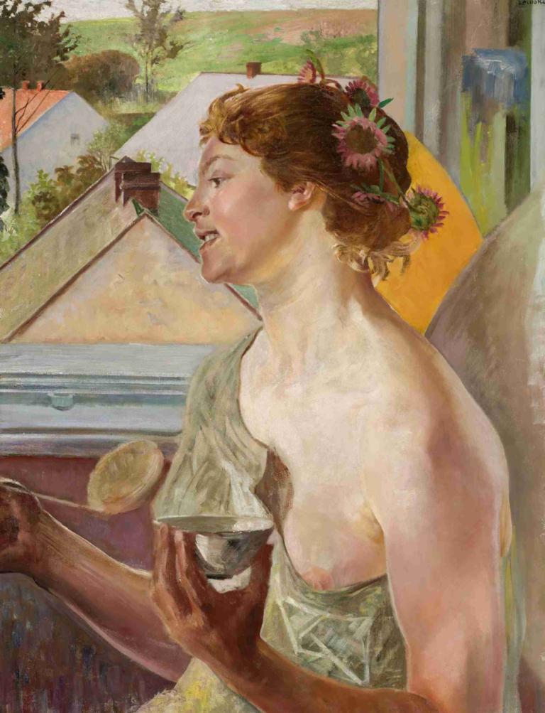 Soap bubbles (Woman with a cup),肥皂泡（拿杯子的女人）,Jacek Malczewski,雅切克-马尔切夫斯基,油画,油画, 1个女孩, 乳头, 美术模仿, 花, 乳房, 发花, 发饰