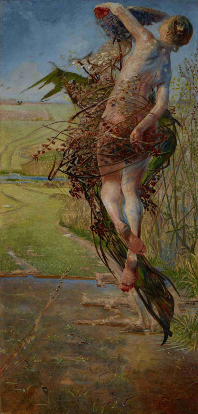 Spring,春季,Jacek Malczewski,雅切克-马尔切夫斯基,油画,油画, 裸体, 独奏, 1个女孩, 户外, 赤脚, 肋骨, 草, 黑发, 完全裸体, 恐怖（主题）, 长发, 天空