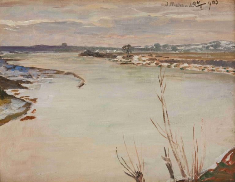 Spring Thaw,春季解冻,Jacek Malczewski,雅切克-马尔切夫斯基,油画,油画, 没有人类, 户外, 风景, 海滩, 传统媒体, 树, 云, 沙, 海洋, 天空, 支撑, 水, 波浪, 多云的天空