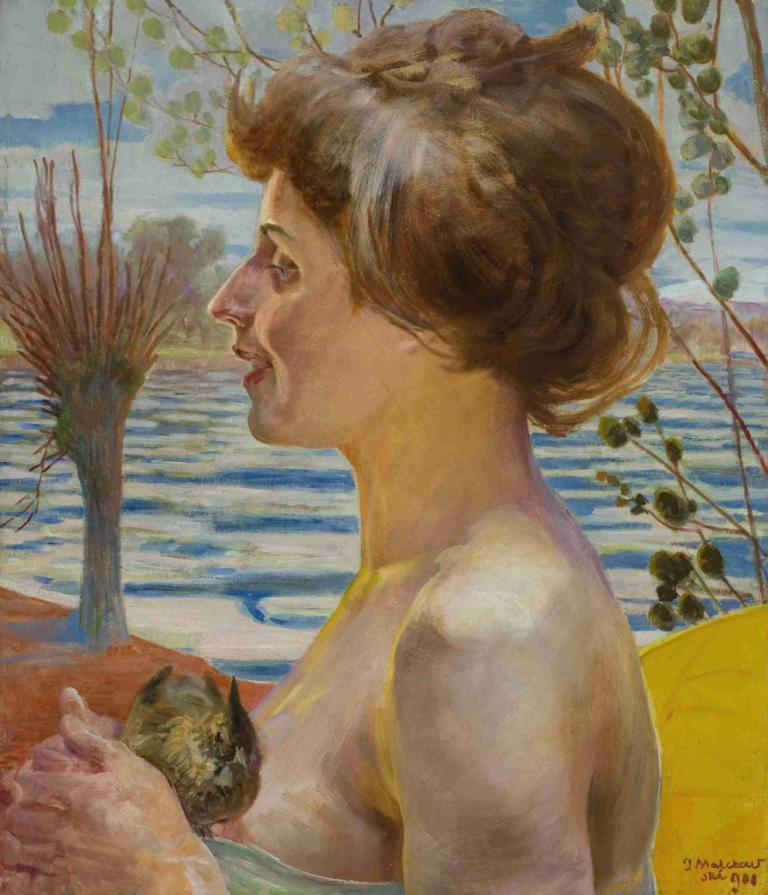 Springtime,春天,Jacek Malczewski,雅切克-马尔切夫斯基,油画,油画, 1个女孩, 棕色的头发, 实际的, 树, 水, 独奏, 轮廓, 传统媒体, 短发, 动物, 美术模仿, 乳房