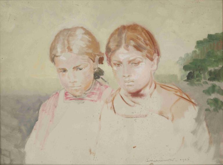 Two Girls,Två flickor,Jacek Malczewski,Oljemålning,Oljemålning, brunt hår, flera pojkar, 2 pojkar, kort hår