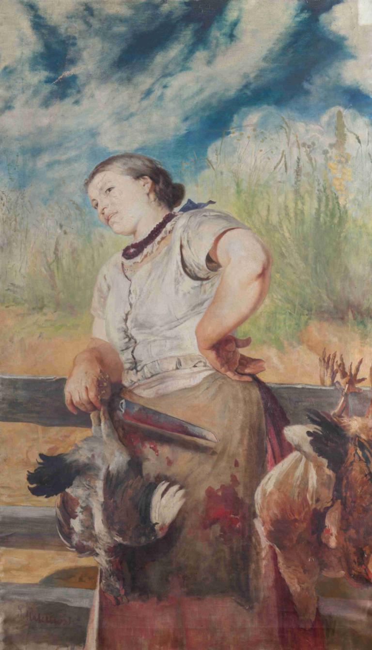 Woman Slaughtering Hens,Frau, die Hühner schlachtet,Jacek Malczewski,Ölgemälde,Ölgemälde, draußen, Himmel