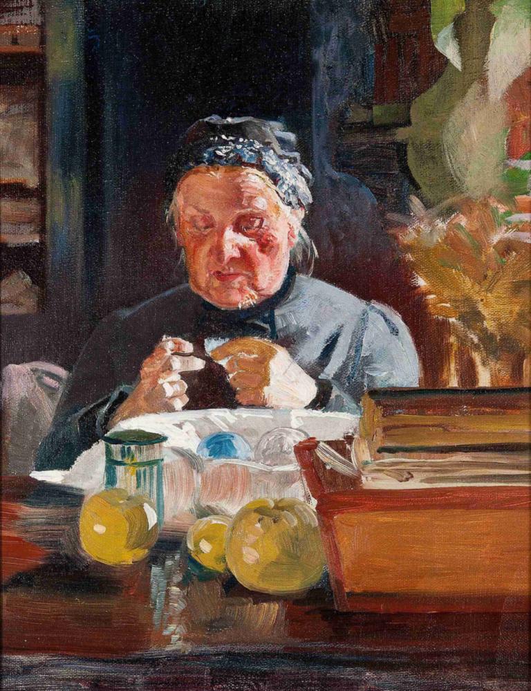 Woman at table, sketch,Jacek Malczewski,Oil Painting,Oil Painting, old woman, old, solo, traditional media