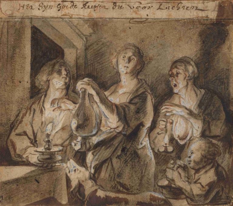 'It is good candles which light the way',「照亮道路的是好蠟燭」,Jacob Jordaens,雅各布·喬丹,油畫,油畫, 蠟燭, 多個男孩, 多個女孩, 單色, 老的, 老婦人