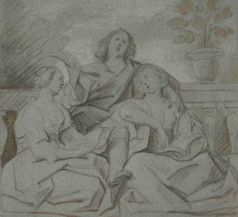 A Youth and Two Girls Singing,Jacob Jordaens,Color Sketch,Color Sketch, monochrome, 1girl, sketch, 1boy