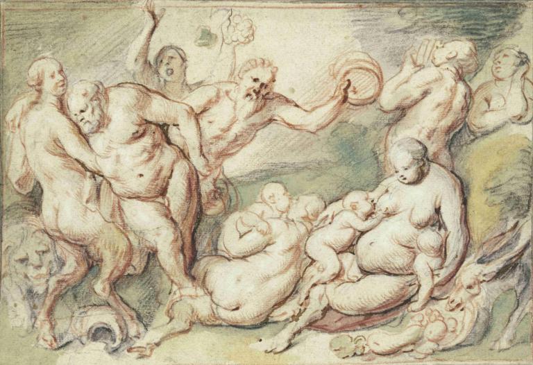 Bachanalia,Bacchanalia,Jacob Jordaens,Oljemaleri,Oljemaleri, kunstparodi, naken, flere gutter, baby, skisse