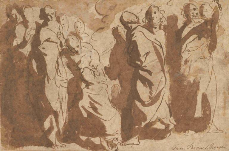 Christ Healing the Paralytic,Jacob Jordaens,Color Sketch,Color Sketch, monochrome, brown theme, multiple boys