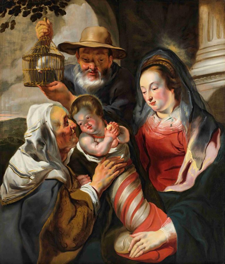 Holy Family with St. Anne,Jacob Jordaens,Oil Painting,Oil Painting, baby, fine art parody, cage